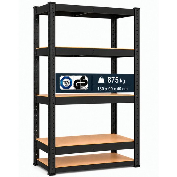 Arebos Schwerlastregal 180x90x40 cm, 5 Böden, 875 kg Traglast, Steckregal, Lagerregal, Stück, Flexibel einsetzbar: für Werkstatt, Garage, Keller oder Lager