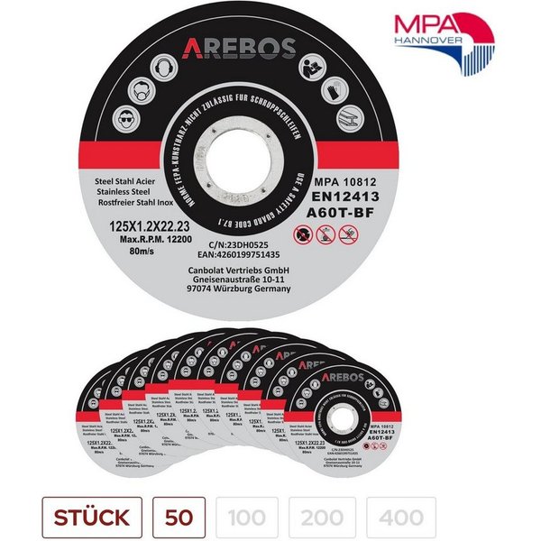 Arebos Trennscheibe Flexscheiben Schleifscheiben 1,2 mm x 22,23 mm, Ø 125 mm, (50-tlg)