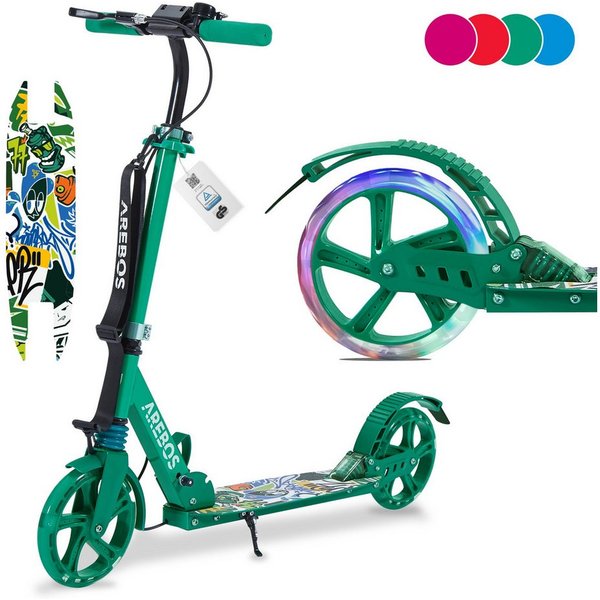 Arebos Tretroller LED-Reifen, faltbar, höhenverstellbar, inkl.Klinge l& Bremsen 100 kg, LED-Reifen: Leuchten während der Fahrt, für mehr Sichtbarkeit und Spaß