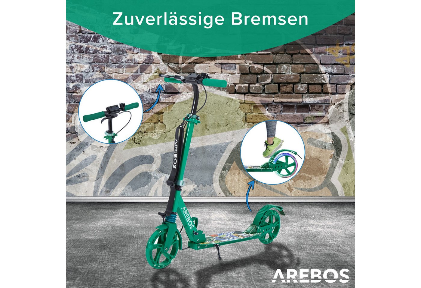 Arebos Tretroller LED-Reifen, faltbar, höhenverstellbar, inkl.Klinge l& Bremsen 100 kg, LED-Reifen: Leuchten während der Fahrt, für mehr Sichtbarkeit und Spaß – Bild 3 von 5