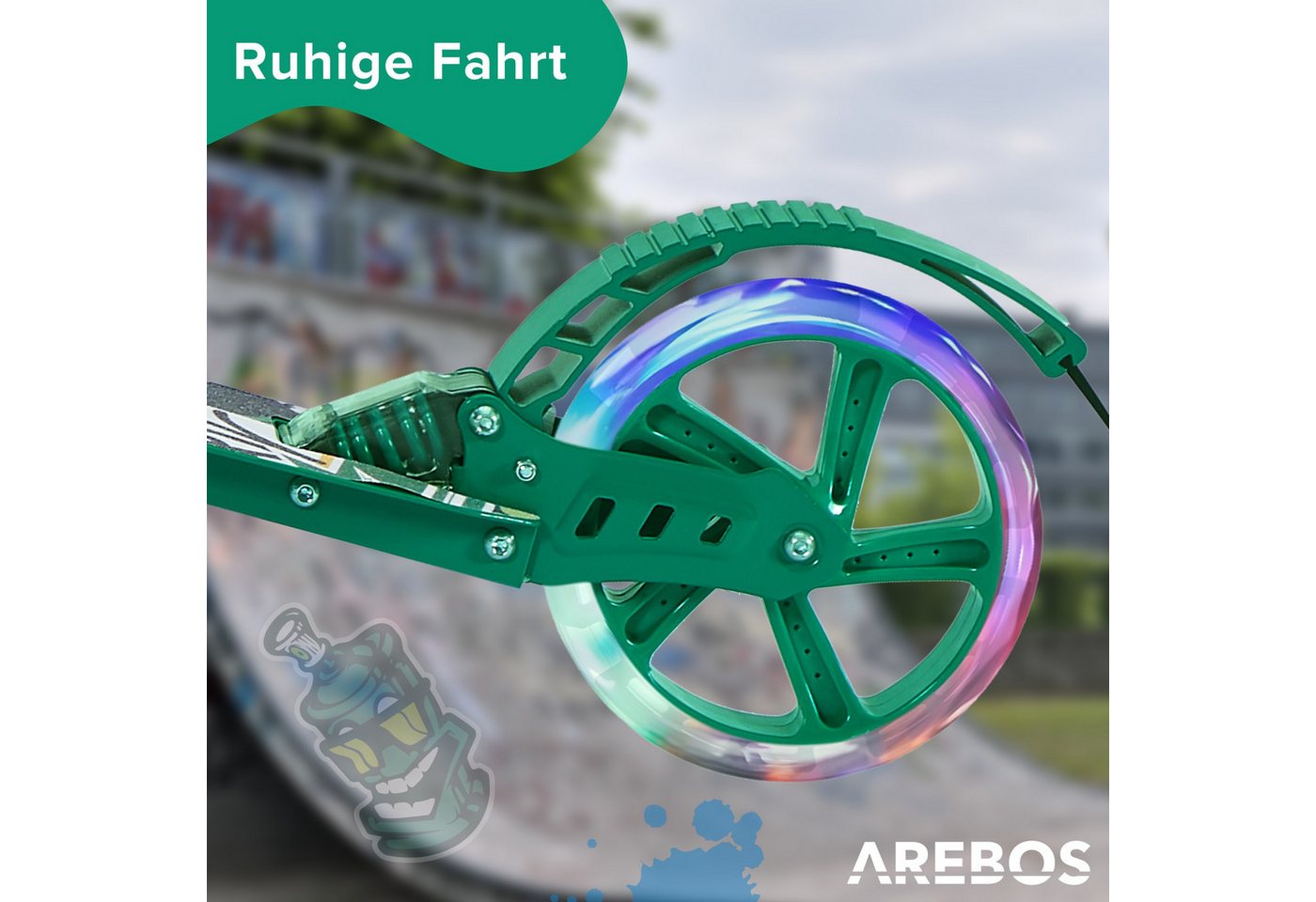 Arebos Tretroller LED-Reifen, faltbar, höhenverstellbar, inkl.Klinge l& Bremsen 100 kg, LED-Reifen: Leuchten während der Fahrt, für mehr Sichtbarkeit und Spaß – Bild 5 von 5
