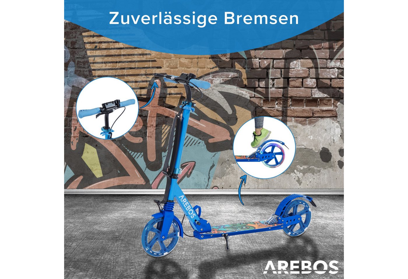 Arebos Tretroller LED-Reifen, faltbar, höhenverstellbar, inkl.Klinge l& Bremsen 100 kg, LED-Reifen: Leuchten während der Fahrt, für mehr Sichtbarkeit und Spaß – Bild 3 von 5