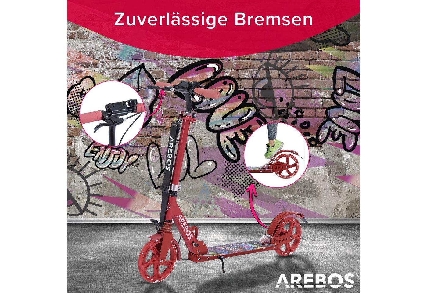 Arebos Tretroller LED-Reifen, faltbar, höhenverstellbar, inkl.Klinge l& Bremsen 100 kg, LED-Reifen: Leuchten während der Fahrt, für mehr Sichtbarkeit und Spaß – Bild 3 von 5