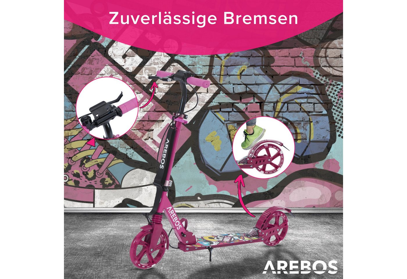 Arebos Tretroller LED-Reifen, faltbar, höhenverstellbar, inkl.Klinge l& Bremsen 100 kg, LED-Reifen: Leuchten während der Fahrt, für mehr Sichtbarkeit und Spaß – Bild 3 von 5
