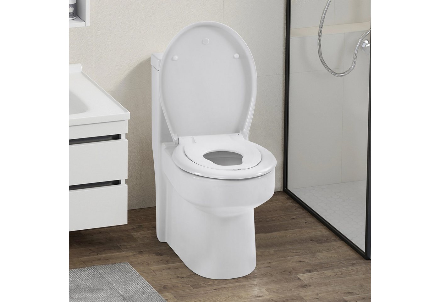 Arebos WC-Sitz Toilettendeckel Oval mit Kindersitz Softclose, Ovaler WC-Sitz mit Kindersitz, Softclose und Quick-Release – Bild 2 von 5