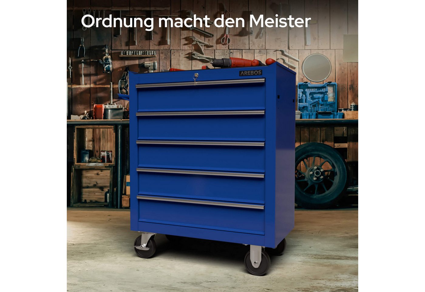 Arebos Werkstattwagen Werkstattwagen 5 Fächer, zentral abschließbar, blau, (Set, Werstattwagen 5 Schubladen blau) – Bild 5 von 5