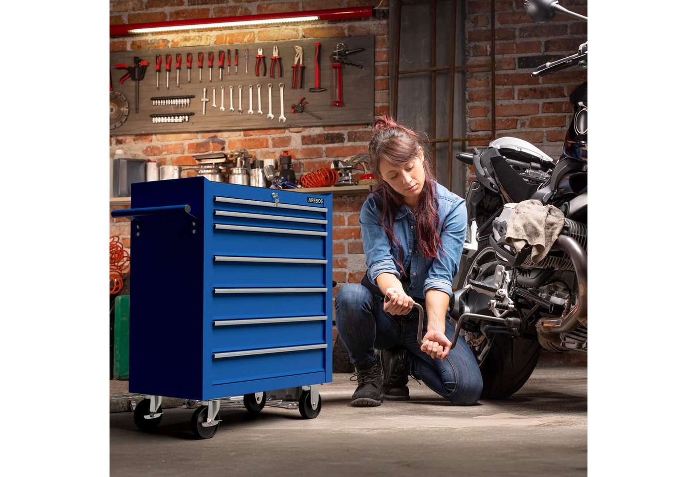 Arebos Werkstattwagen 7-Fächer Rollwagen, Zentral abschließbar mit Antirutschmatten, blau, (Werkzeug Rollwagen 7 Fächer) – Bild 2 von 5