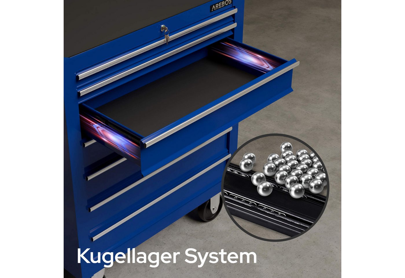 Arebos Werkstattwagen 7-Fächer Rollwagen, Zentral abschließbar mit Antirutschmatten, blau, (Werkzeug Rollwagen 7 Fächer) – Bild 3 von 5