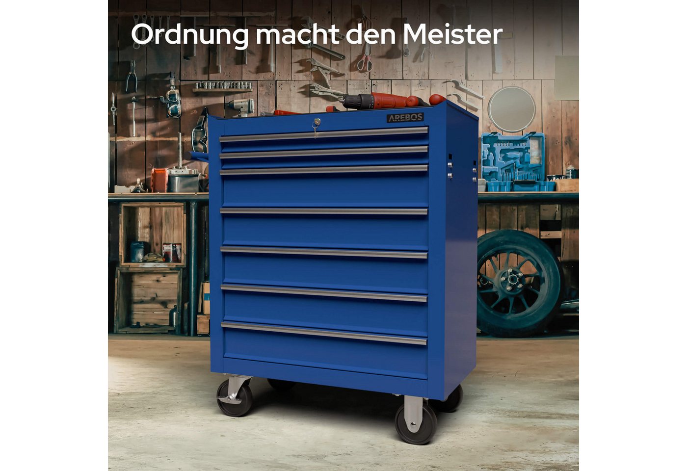 Arebos Werkstattwagen 7-Fächer Rollwagen, Zentral abschließbar mit Antirutschmatten, blau, (Werkzeug Rollwagen 7 Fächer) – Bild 5 von 5
