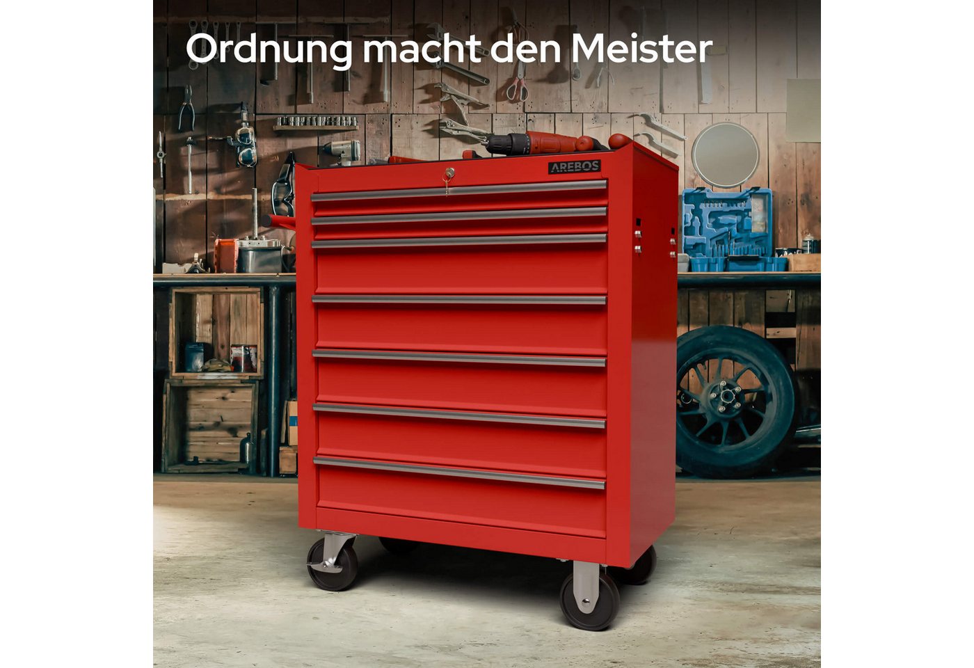 Arebos Werkstattwagen 7-Fächer Rollwagen, Zentral abschließbar mit Antirutschmatten, rot, (Werkzeug Rollwagen 7 Fächer) – Bild 5 von 5