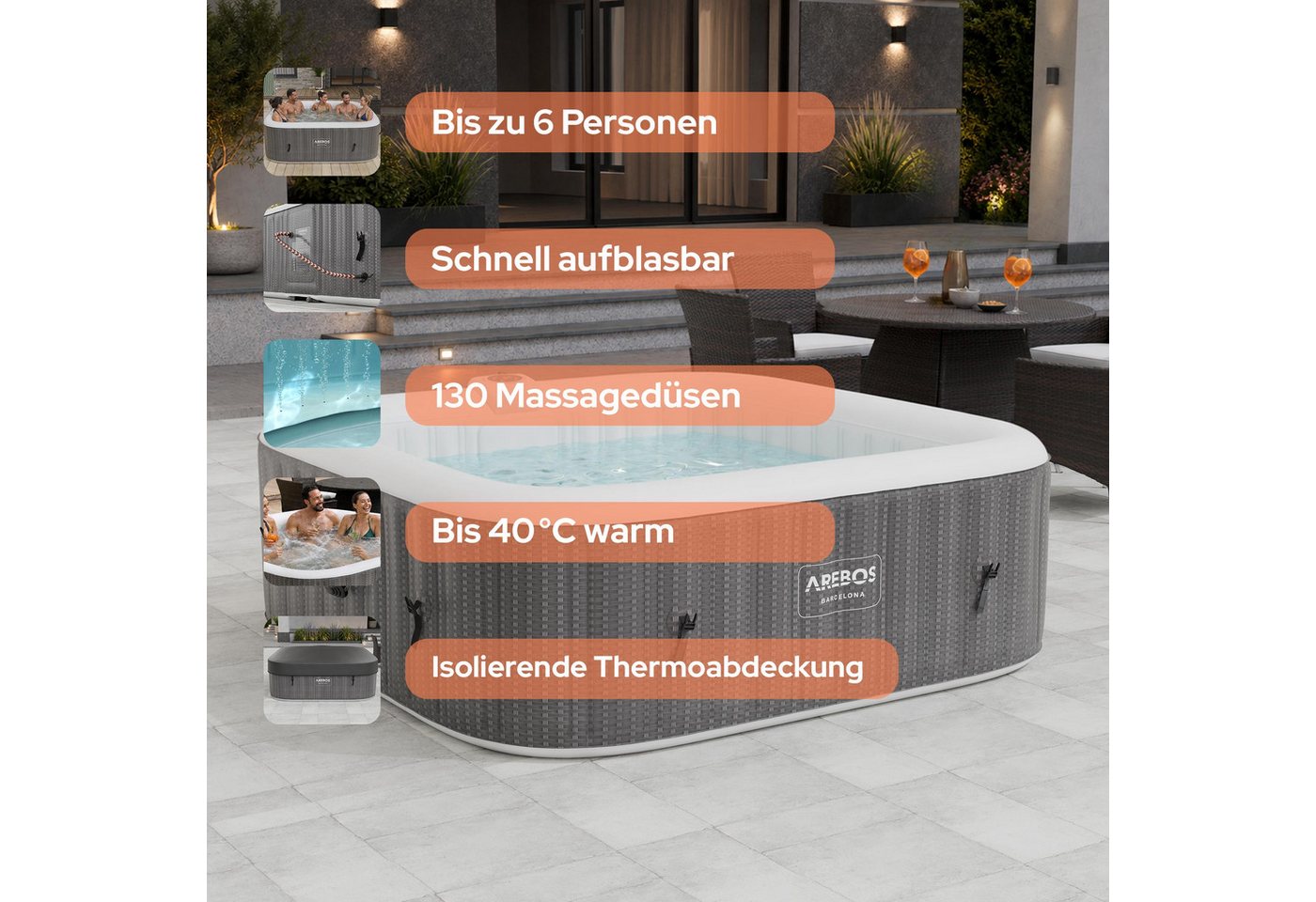 Arebos Whirlpool FLORENCE & BARECELONA Aufblasbar 4 oder 6 Personen mit 100/130 Düsen, (Komplett-Set), für Outdoor & Indoor – Bild 3 von 5