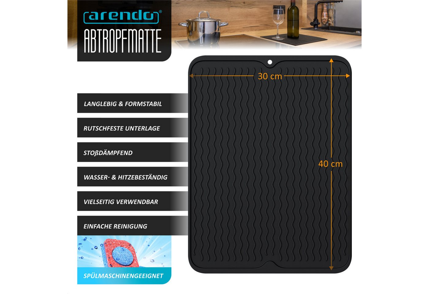 Arendo Abtropfmatte TPR, rutschhemmend, spülmaschinengeeignet, 40x30cm, Wellendesign, schimmelresistent, stoßdämpfung, flexibel, absorbierend, antirutsch – Bild 3 von 5