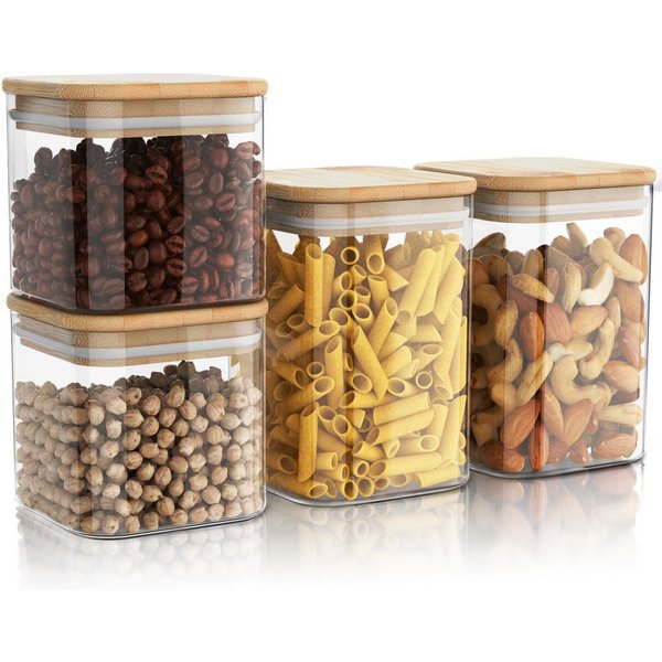 Arendo Aufbewahrungsbecher Glasbehälter 2x 0,8L & 2x 1,2L Borosilikatglas, Bambusdeckel luftdicht, Borosilikatglas, Bambus, Silikon, (Vorratsbehälter-Set, 4-tlg