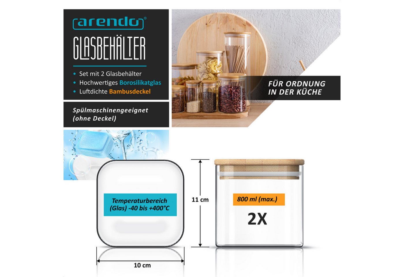 Arendo Aufbewahrungsbecher Glasbehälter-Set 2x 0,8 L, Borosilikatglas mit Bambusdeckel, luftdicht, Borosilikatglas, Bambus, Silikon, (Vorratsbehälter-Set, 2-tlg – Bild 2 von 5