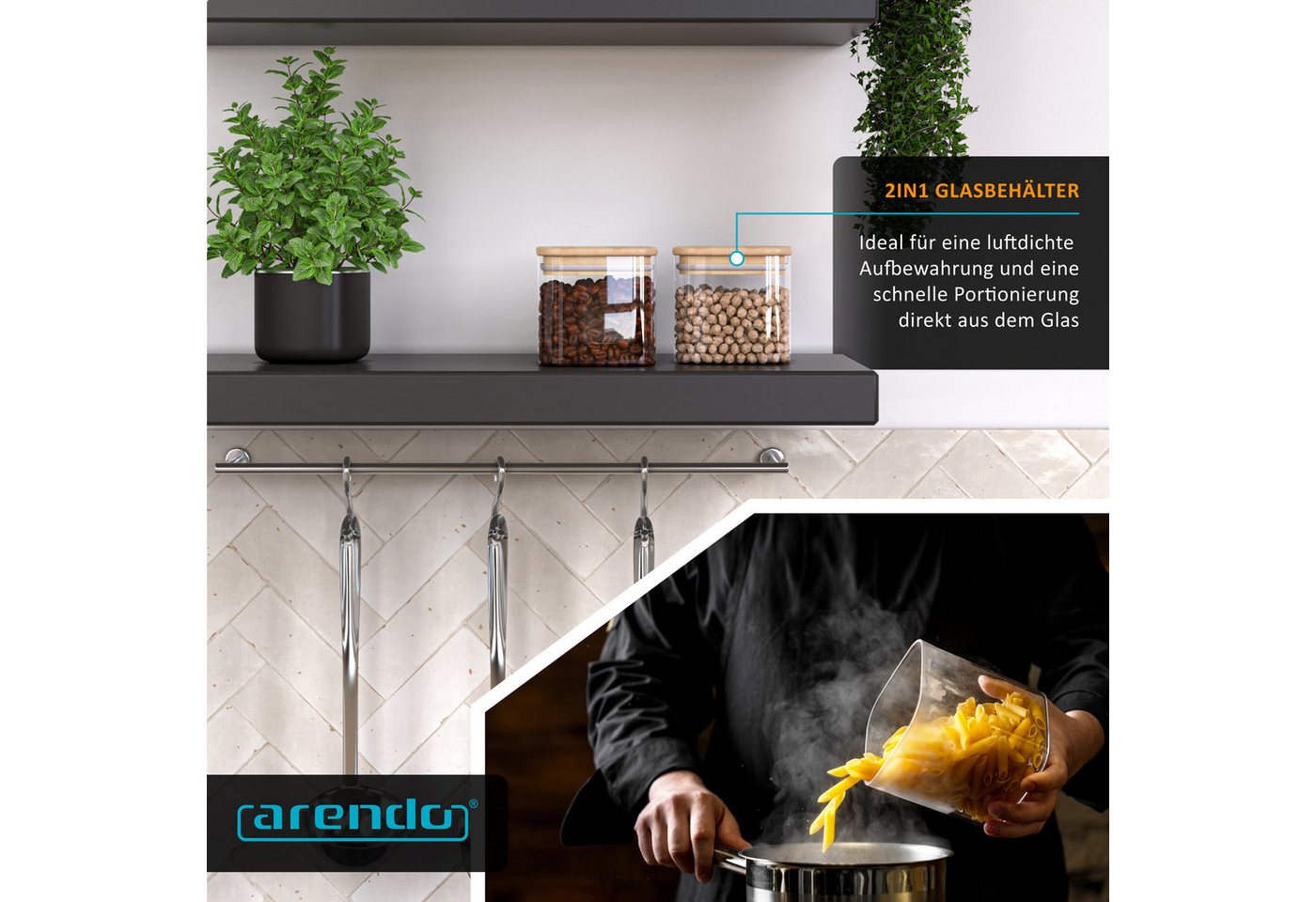 Arendo Aufbewahrungsbecher Glasbehälter-Set 2x 0,8 L, Borosilikatglas mit Bambusdeckel, luftdicht, Borosilikatglas, Bambus, Silikon, (Vorratsbehälter-Set, 2-tlg – Bild 5 von 5