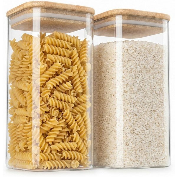 Arendo Aufbewahrungsbecher Glasbehälter-Set 2x 1,65L, Borosilikatglas mit Bambusdeckel, luftdicht, Borosilikatglas, Bambus, Silikon, (Vorratsbehälter-Set, 2-tlg