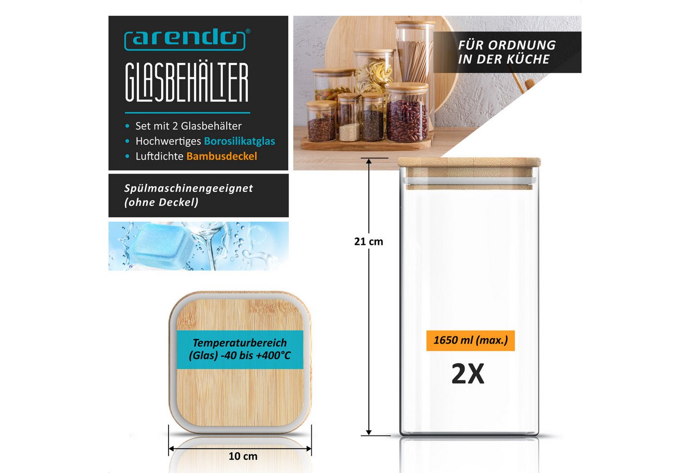 Arendo Aufbewahrungsbecher Glasbehälter-Set 2x 1,65L, Borosilikatglas mit Bambusdeckel, luftdicht, Borosilikatglas, Bambus, Silikon, (Vorratsbehälter-Set, 2-tlg – Bild 2 von 5