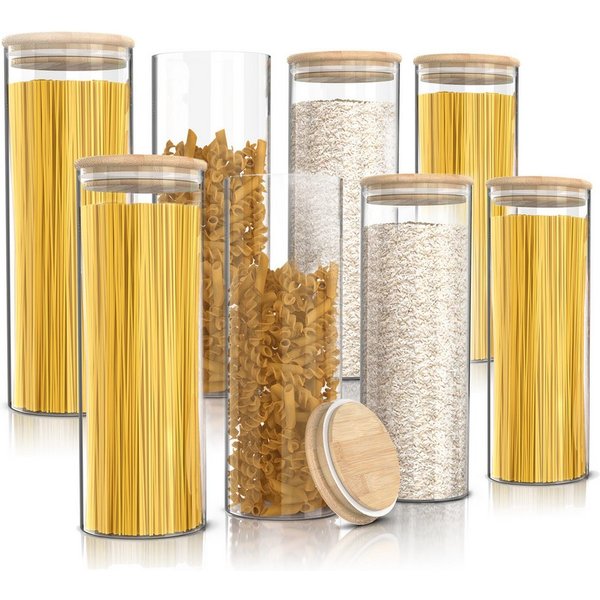 Arendo Aufbewahrungsbecher Glasbehälter-Set 8x 2,2 L Borosilikatglas mit Bambusdeckel, luftdicht, Borosilikatglas, Bambus, Silikon, (Vorratsbehälter-Set, 8-tlg.