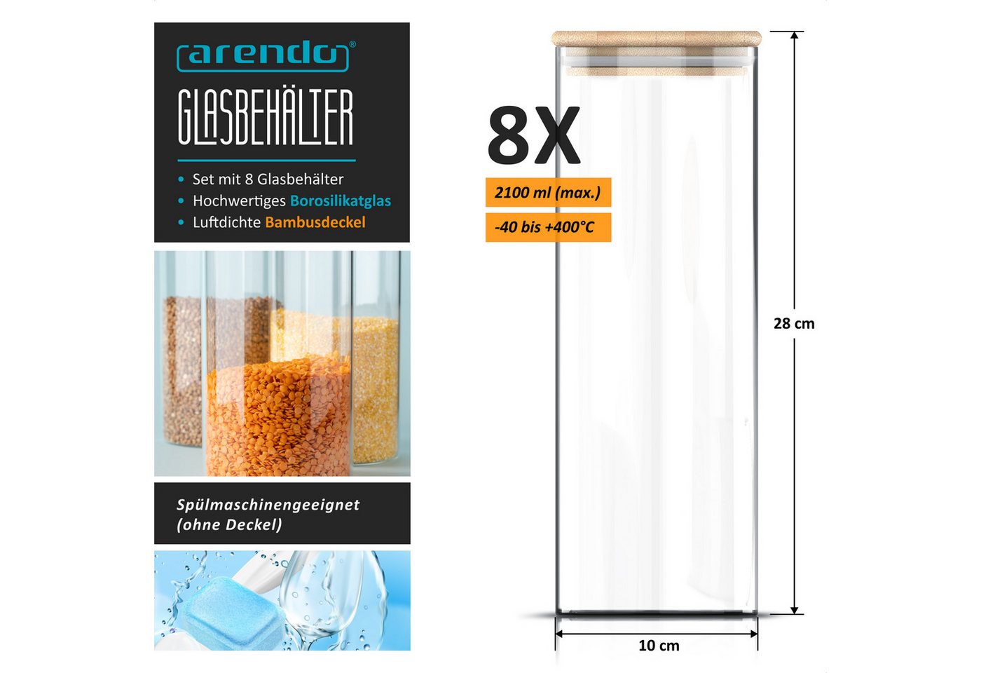 Arendo Aufbewahrungsbecher Glasbehälter-Set 8x 2,2 L Borosilikatglas mit Bambusdeckel, luftdicht, Borosilikatglas, Bambus, Silikon, (Vorratsbehälter-Set, 8-tlg. – Bild 2 von 5