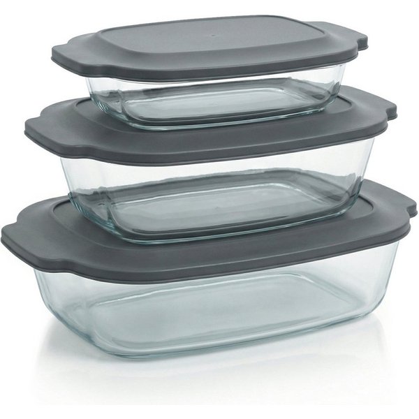 Arendo Auflaufform 3er Set 2000ml, 2700ml & 3800ml mit Deckel & Griffen, stapelbar, Glas, (3-St), Glasbehälter, Borosilikatglas, ofenfest, mikrowellengeeignet, 