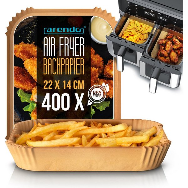 Arendo Backpapier für Heißluftfritteuse 4,5 - 10 L, 400 St., 22 x 14 x 4,5 cm, Antihaft, ungebleicht, wasser- und ölbeständig, für Airfryer, Ofen, Mikrowelle