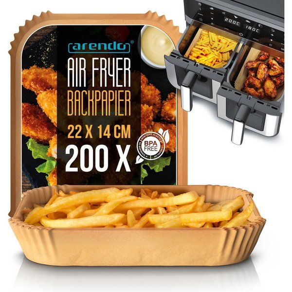 Arendo Backpapier für Heißluftfritteuse 4,5 - 10 L, 200 St., 22 x 14 x 4,5 cm, Antihaft, ungebleicht, wasser- und ölbeständig, für Airfryer, Ofen, Mikrowelle