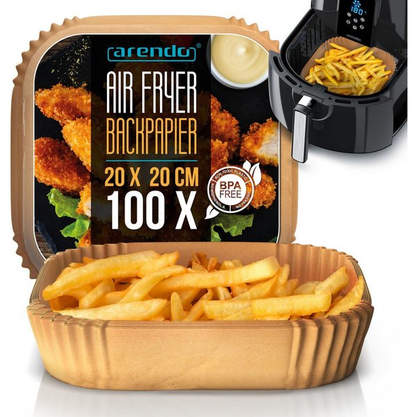 Arendo Backpapier für Heißluftfritteuse 4,5 - 7,5 L, 100 St., 20 x 20 x 4,5 cm, Antihaft, ungebleicht, wasser- und ölbeständig, für Airfryer, Ofen, Mikrowelle
