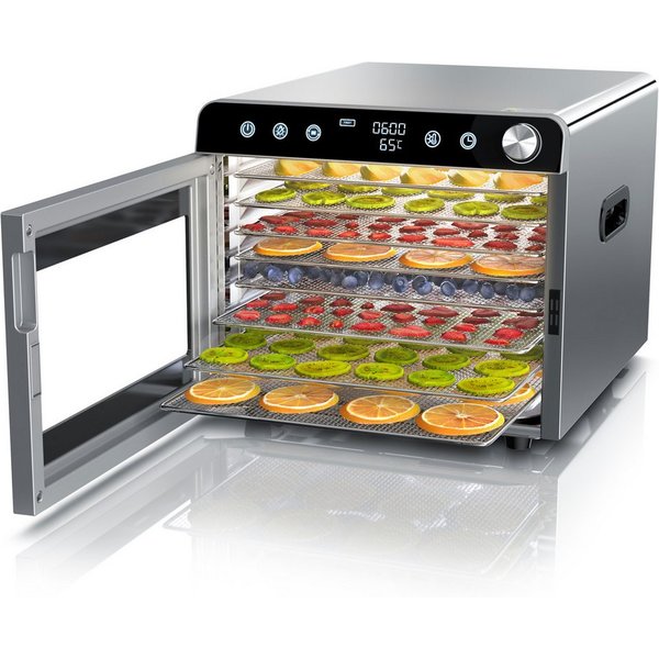Arendo Dörrautomat Edelstahl, Temperaturregler von 30° bis 85°C, Dörrgerät, Dehydrator 700 W, 8 Etagen, Obst, Fisch, Fleisch Dörrapparat, Obsttrockner, Timer 0,