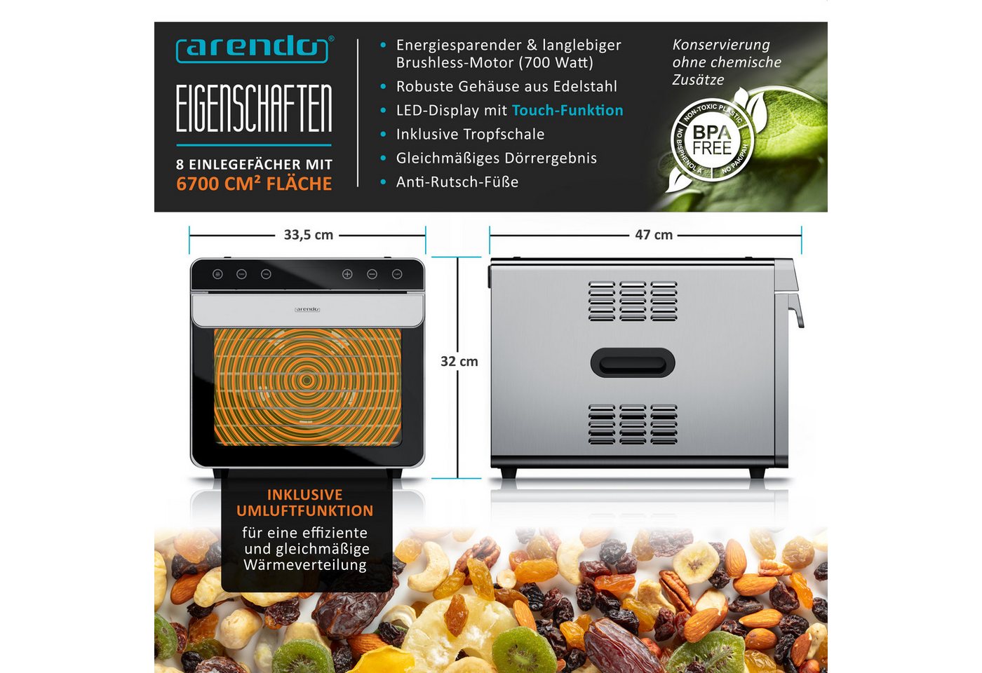 Arendo Dörrautomat Edelstahl, Temperaturregler von 35° bis 85°C, Dörrgerät, Dehydrator 700 W, 8 Etagen, Obst, Fisch, Fleisch Dörrapparat, Obsttrockner, Timer 0, – Bild 2 von 5