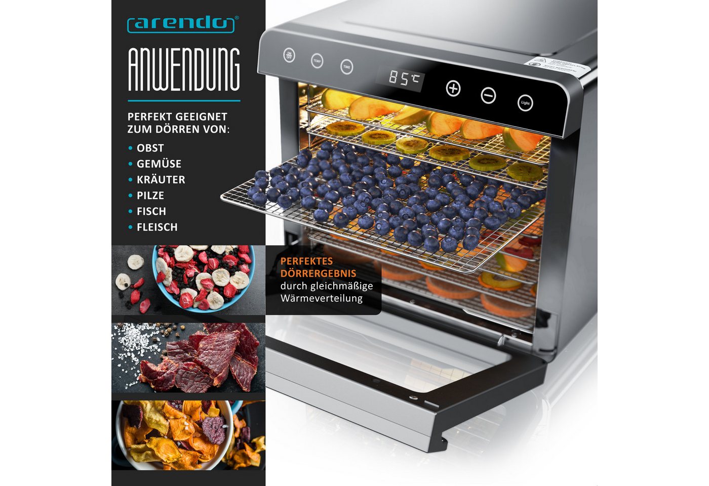 Arendo Dörrautomat Edelstahl, Temperaturregler von 35° bis 85°C, Dörrgerät, Dehydrator 700 W, 8 Etagen, Obst, Fisch, Fleisch Dörrapparat, Obsttrockner, Timer 0, – Bild 3 von 5