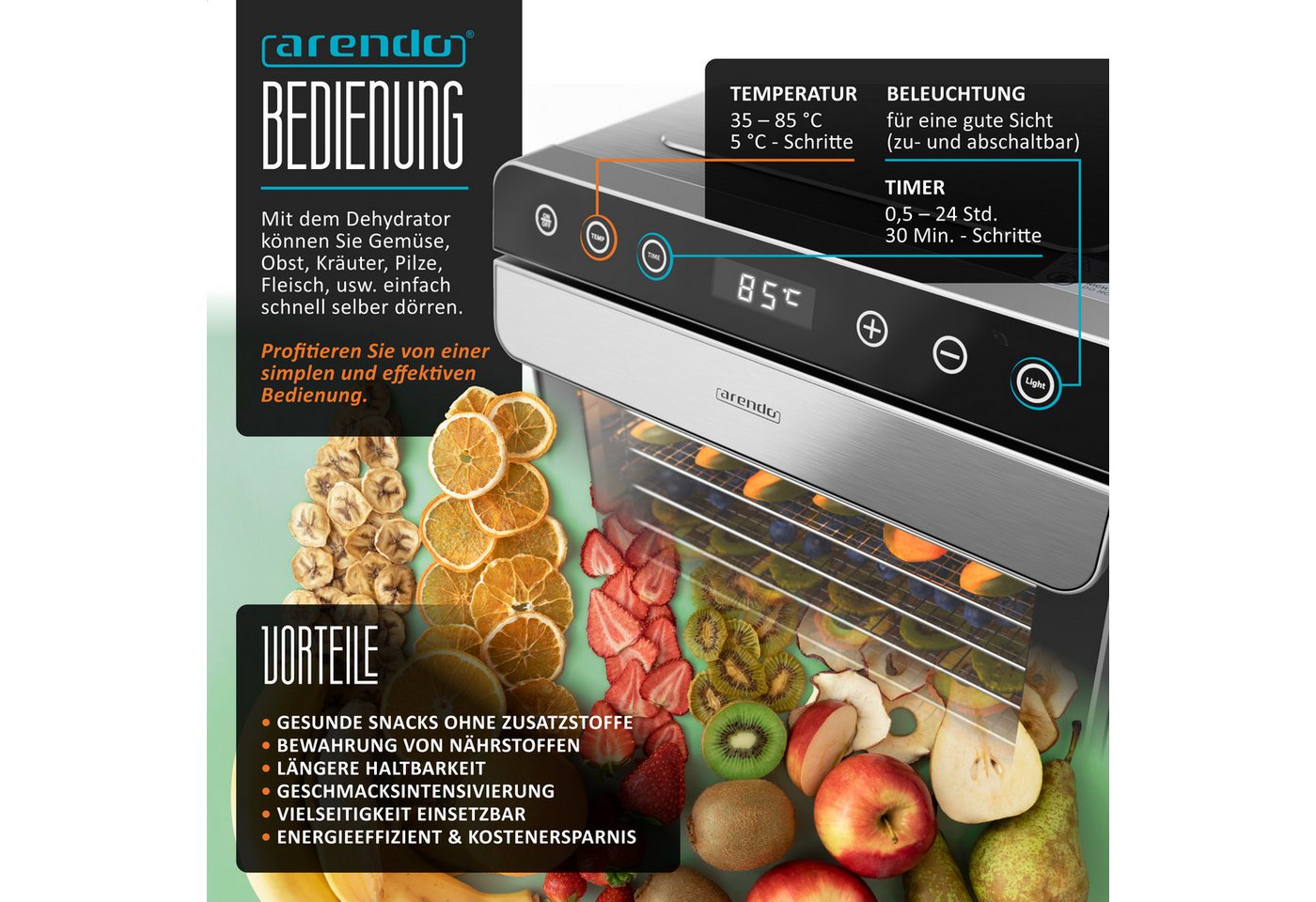 Arendo Dörrautomat Edelstahl, Temperaturregler von 35° bis 85°C, Dörrgerät, Dehydrator 700 W, 8 Etagen, Obst, Fisch, Fleisch Dörrapparat, Obsttrockner, Timer 0, – Bild 4 von 5