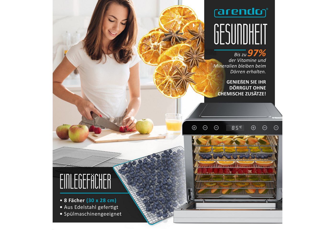 Arendo Dörrautomat Edelstahl, Temperaturregler von 35° bis 85°C, Dörrgerät, Dehydrator 700 W, 8 Etagen, Obst, Fisch, Fleisch Dörrapparat, Obsttrockner, Timer 0, – Bild 5 von 5