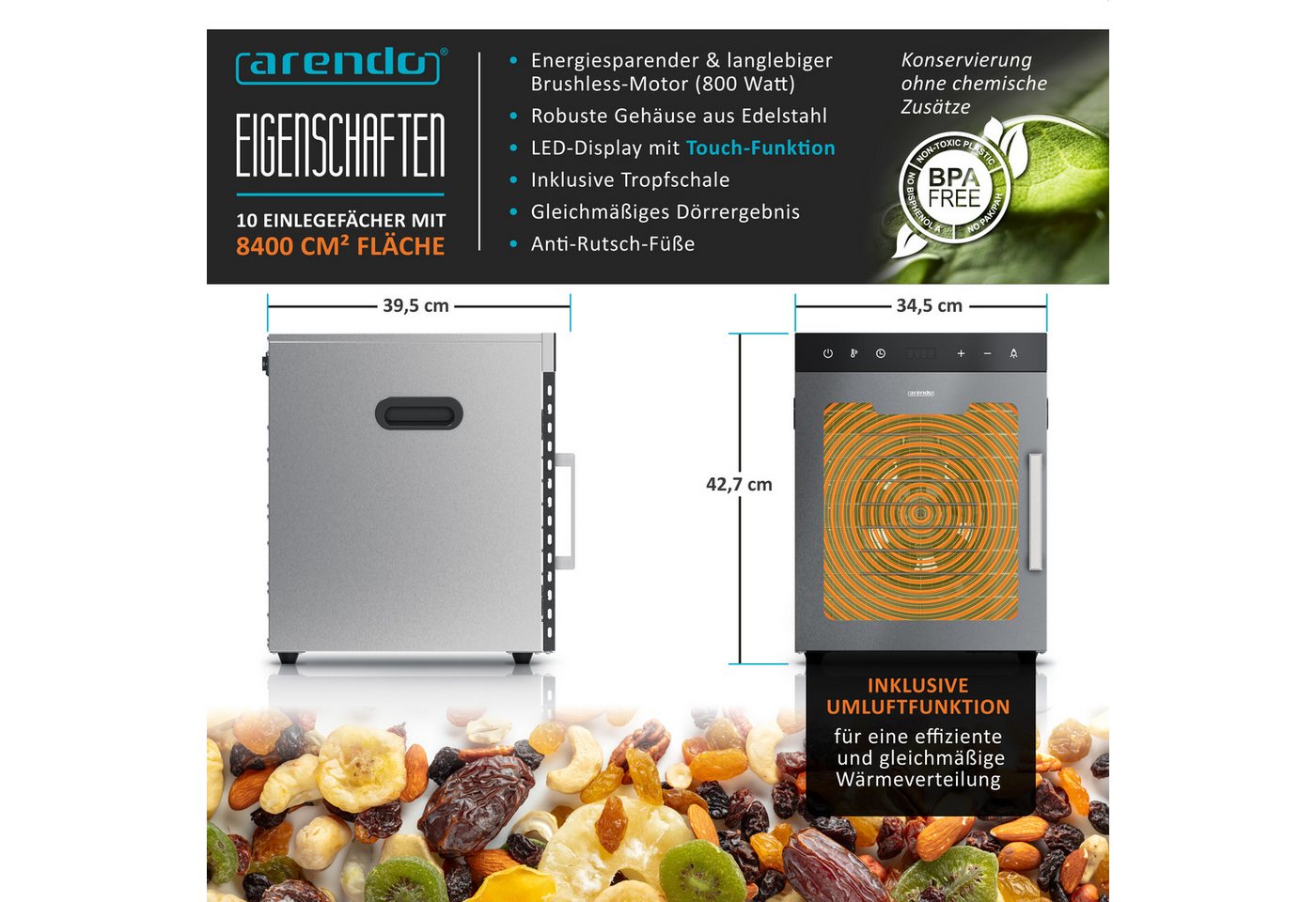 Arendo Dörrautomat Edelstahl, Temperaturregler von 30° bis 90°C, Dörrgerät, Dehydrator 800 W, 10 Etagen, Obst, Fisch, Fleisch Dörrapparat, Obsttrockner, Timer 0 – Bild 2 von 5