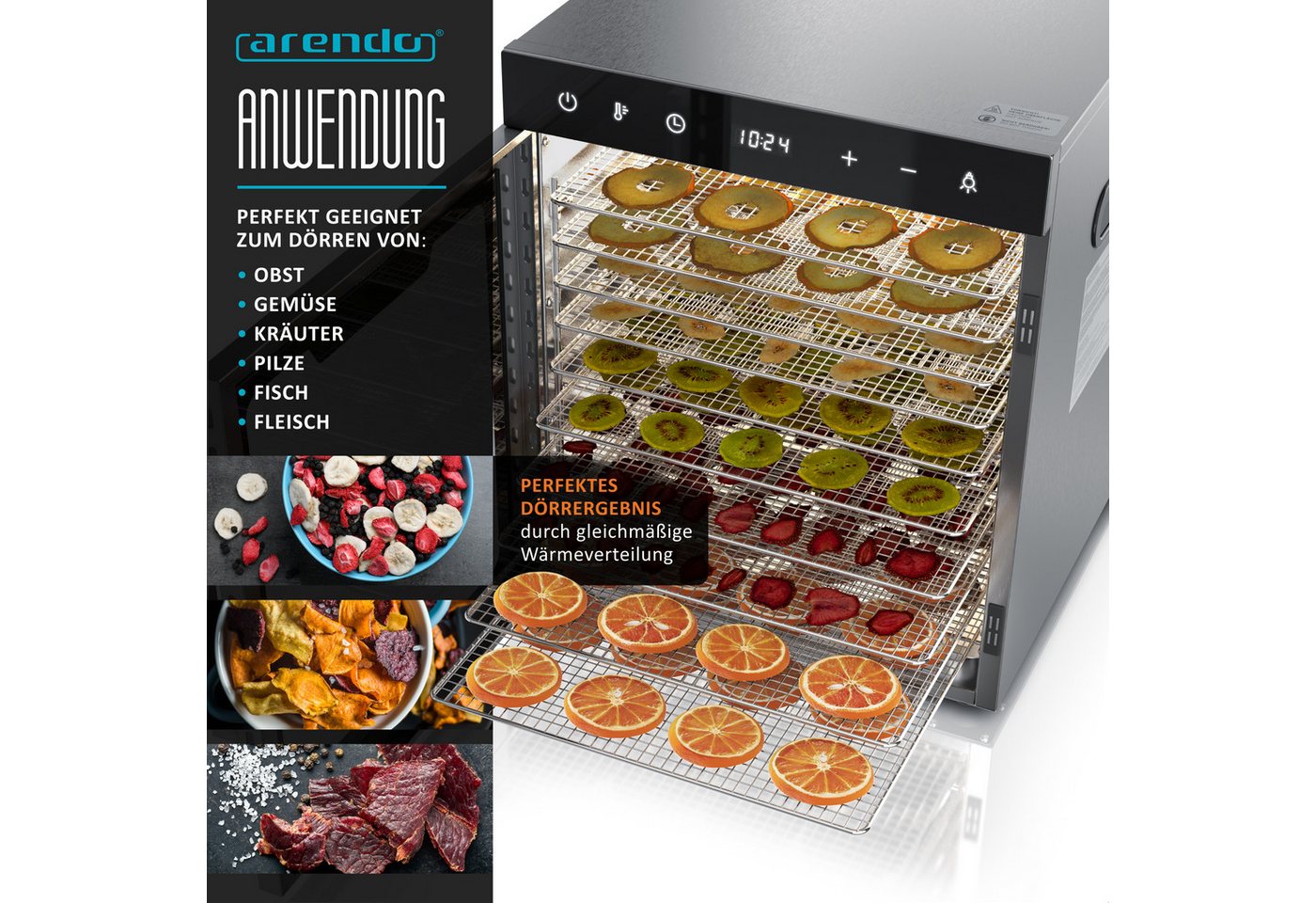 Arendo Dörrautomat Edelstahl, Temperaturregler von 30° bis 90°C, Dörrgerät, Dehydrator 800 W, 10 Etagen, Obst, Fisch, Fleisch Dörrapparat, Obsttrockner, Timer 0 – Bild 3 von 5