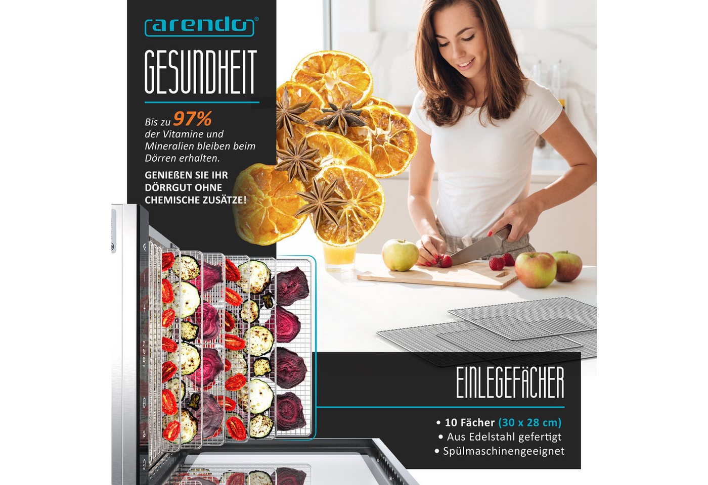 Arendo Dörrautomat Edelstahl, Temperaturregler von 30° bis 90°C, Dörrgerät, Dehydrator 800 W, 10 Etagen, Obst, Fisch, Fleisch Dörrapparat, Obsttrockner, Timer 0 – Bild 5 von 5