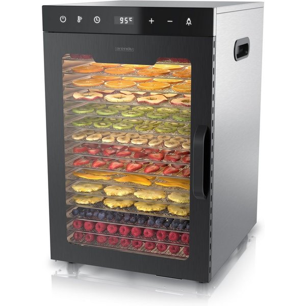 Arendo Dörrautomat Edelstahl, 16 Fächer, Temperaturregler 30°-90°C, Dörrgerät, Dehydrator 1000 W, 16 Etagen, Obst, Gemüse, Fleisch Dörrapparat, Obsttrockner, Ti