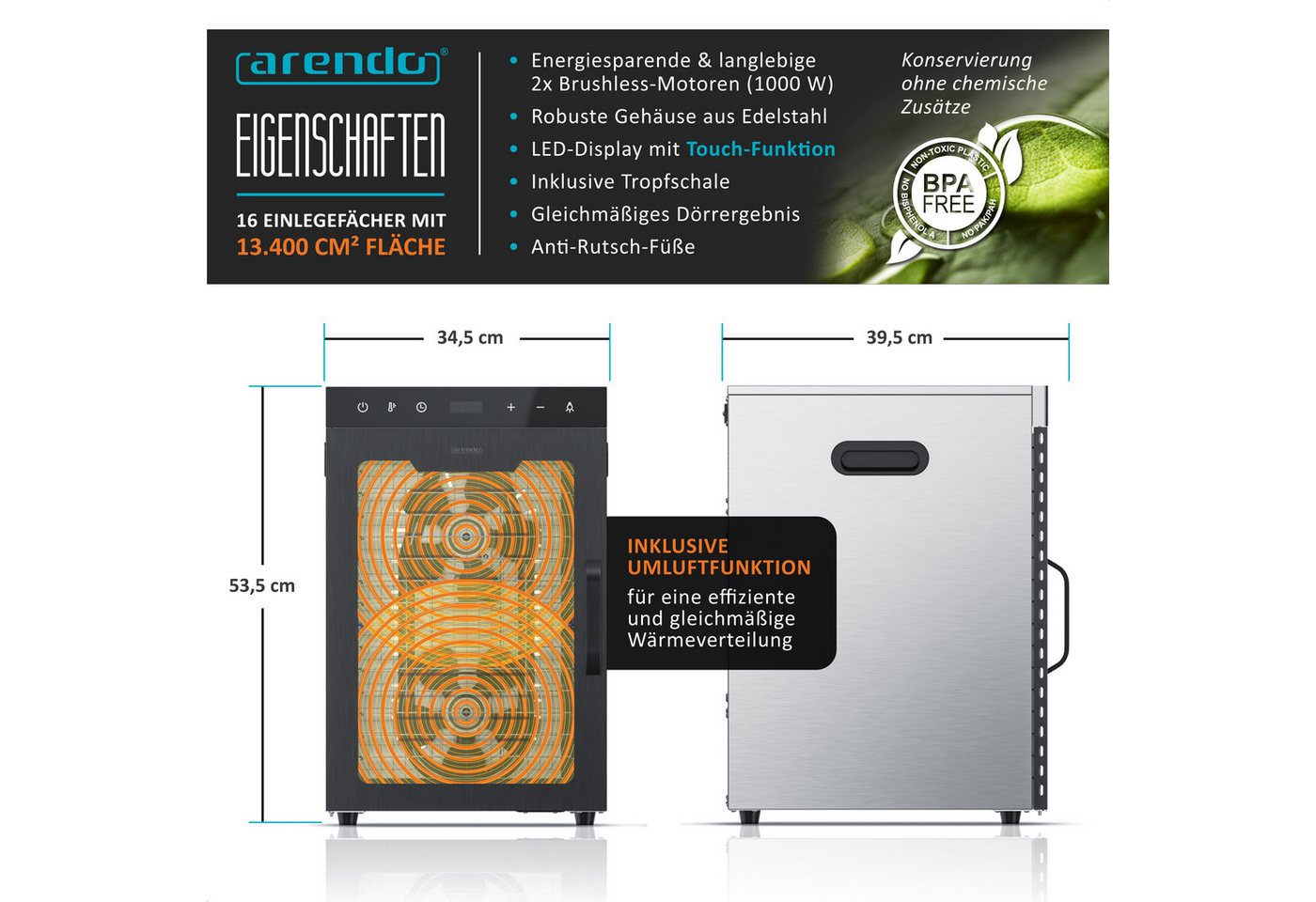 Arendo Dörrautomat Edelstahl, 16 Fächer, Temperaturregler 30°-90°C, Dörrgerät, Dehydrator 1000 W, 16 Etagen, Obst, Gemüse, Fleisch Dörrapparat, Obsttrockner, Ti – Bild 2 von 5