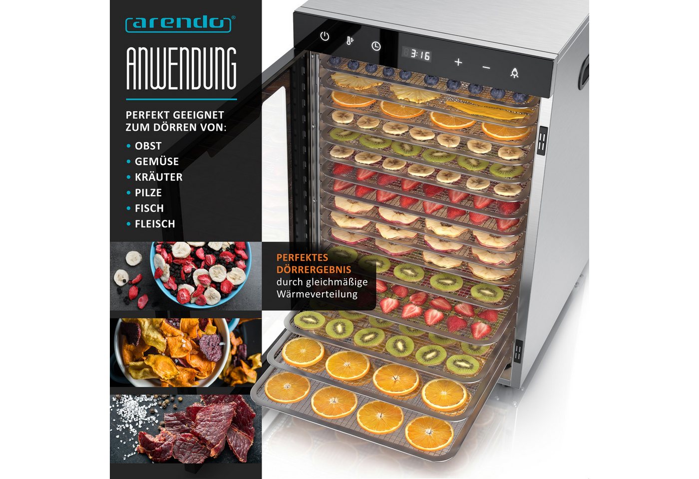 Arendo Dörrautomat Edelstahl, 16 Fächer, Temperaturregler 30°-90°C, Dörrgerät, Dehydrator 1000 W, 16 Etagen, Obst, Gemüse, Fleisch Dörrapparat, Obsttrockner, Ti – Bild 3 von 5