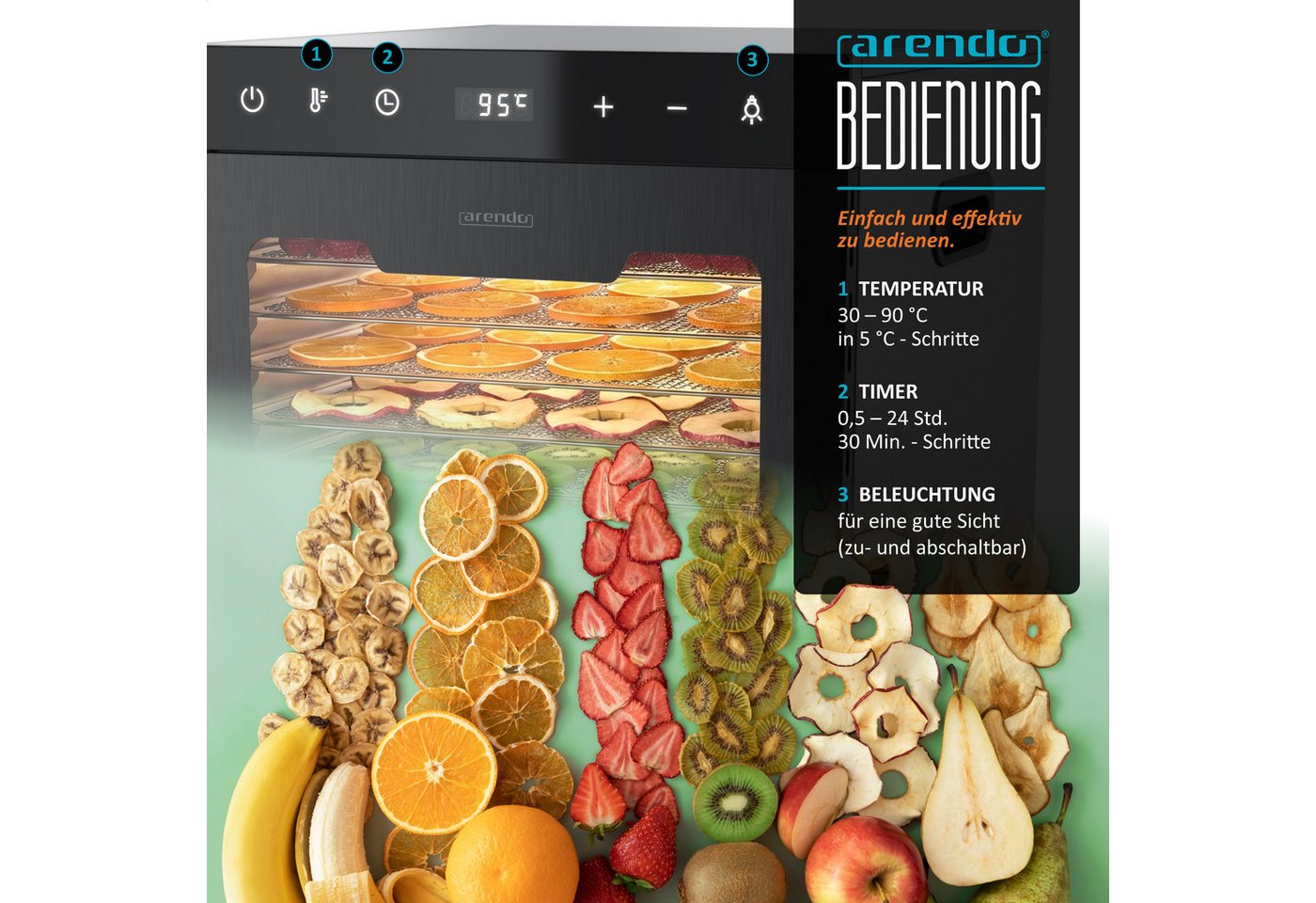 Arendo Dörrautomat Edelstahl, 16 Fächer, Temperaturregler 30°-90°C, Dörrgerät, Dehydrator 1000 W, 16 Etagen, Obst, Gemüse, Fleisch Dörrapparat, Obsttrockner, Ti – Bild 4 von 5