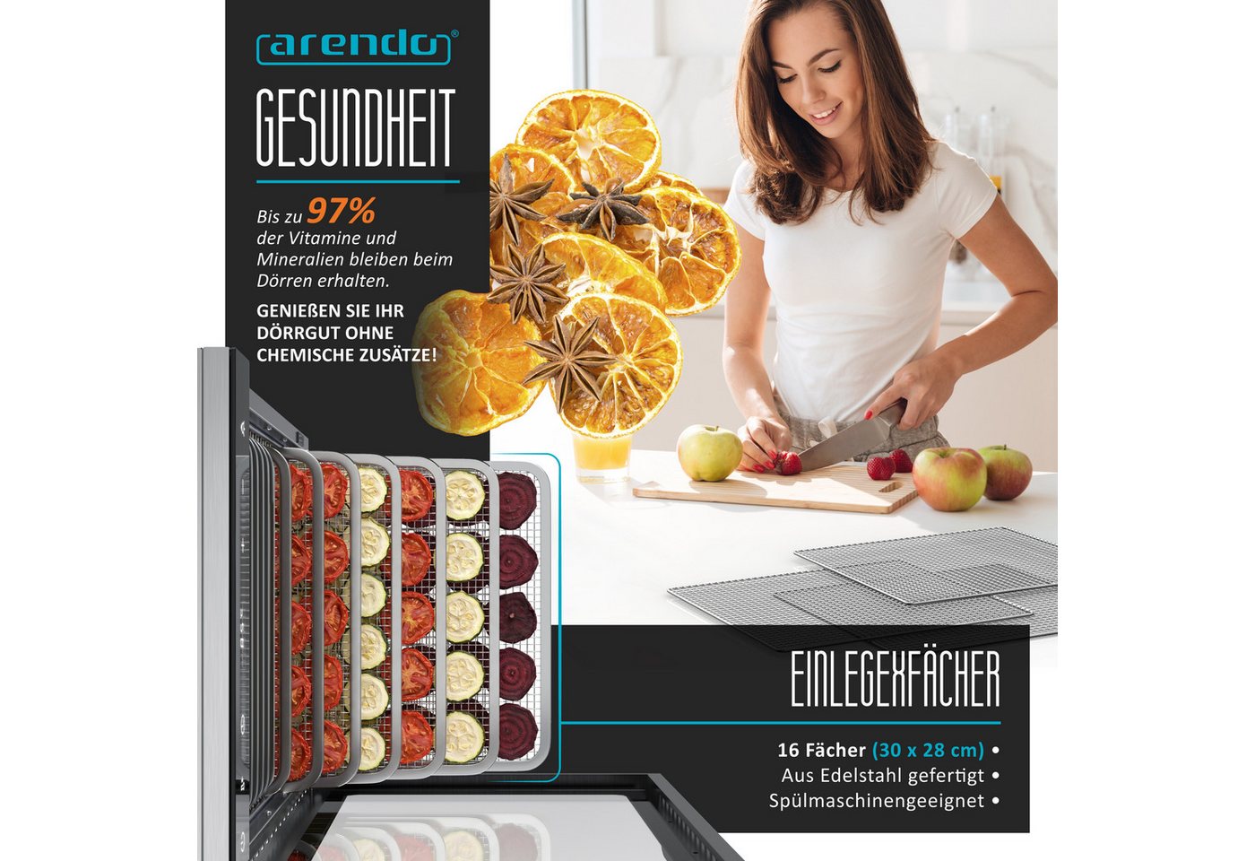 Arendo Dörrautomat Edelstahl, 16 Fächer, Temperaturregler 30°-90°C, Dörrgerät, Dehydrator 1000 W, 16 Etagen, Obst, Gemüse, Fleisch Dörrapparat, Obsttrockner, Ti – Bild 5 von 5