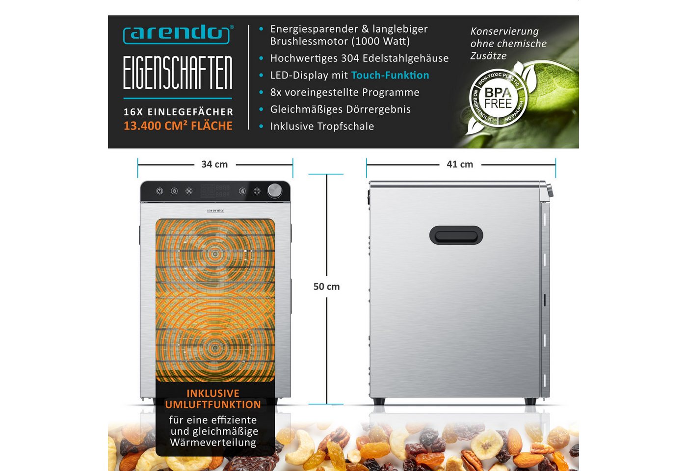 Arendo Dörrautomat Edelstahl, 16 Fächer, Temperaturregler 30°-85°C, Dörrgerät, Dehydrator 1000 W, 16 Etagen, Obst, Fisch, Fleisch Dörrapparat, Obsttrockner, Tim – Bild 2 von 5