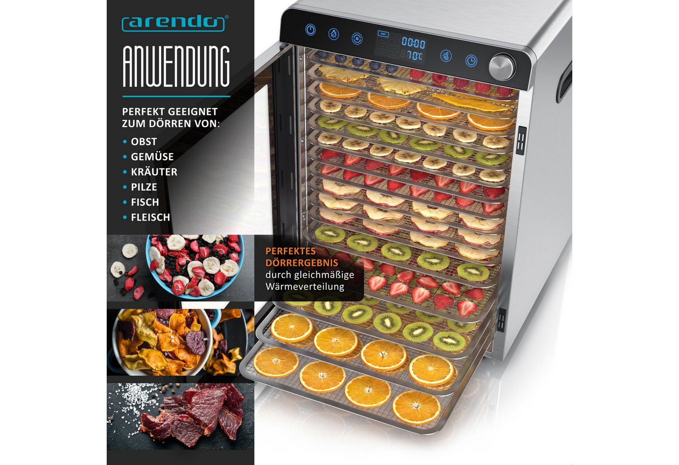 Arendo Dörrautomat Edelstahl, 16 Fächer, Temperaturregler 30°-85°C, Dörrgerät, Dehydrator 1000 W, 16 Etagen, Obst, Fisch, Fleisch Dörrapparat, Obsttrockner, Tim – Bild 3 von 5