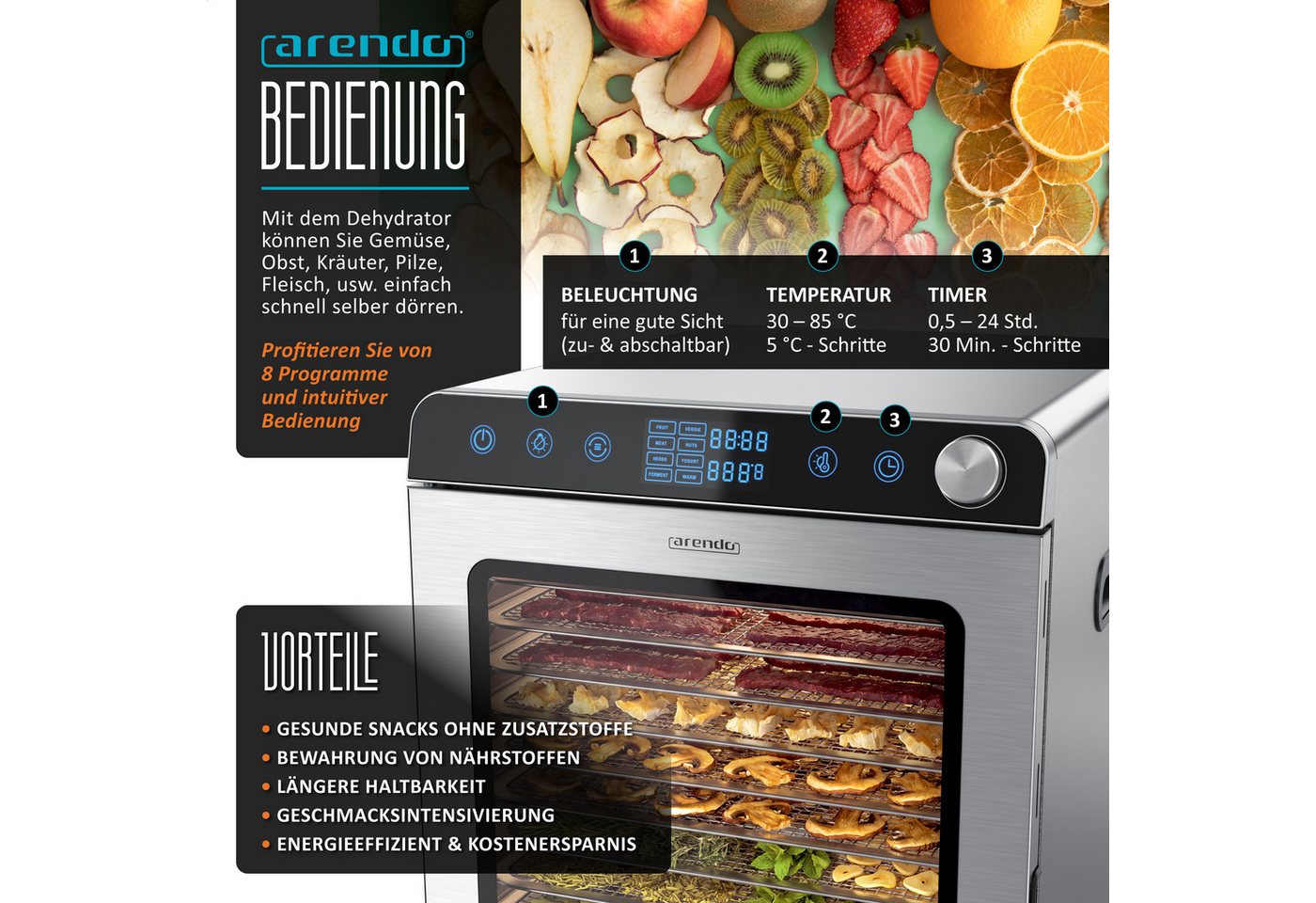 Arendo Dörrautomat Edelstahl, 16 Fächer, Temperaturregler 30°-85°C, Dörrgerät, Dehydrator 1000 W, 16 Etagen, Obst, Fisch, Fleisch Dörrapparat, Obsttrockner, Tim – Bild 4 von 5