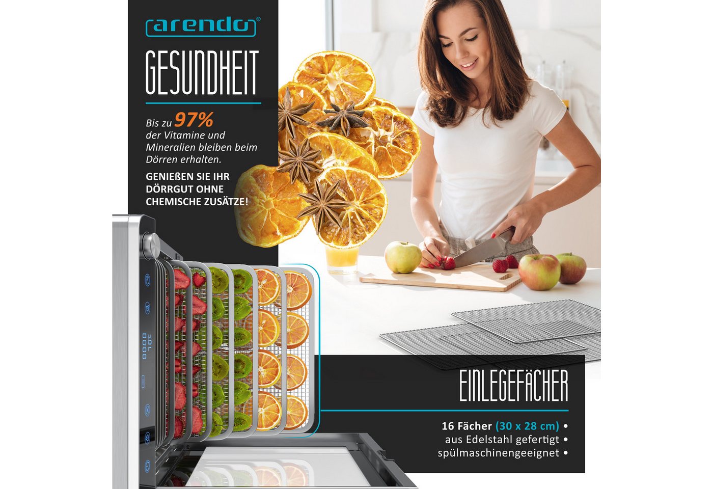 Arendo Dörrautomat Edelstahl, 16 Fächer, Temperaturregler 30°-85°C, Dörrgerät, Dehydrator 1000 W, 16 Etagen, Obst, Fisch, Fleisch Dörrapparat, Obsttrockner, Tim – Bild 5 von 5