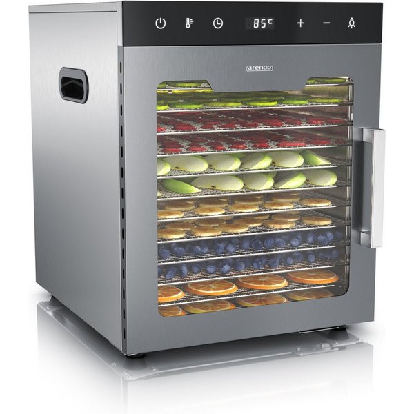 Arendo Dörrautomat Edelstahl, Temperaturregler von 30° bis 90°C, Dörrgerät, Dehydrator 800 W, 12 Etagen, Obst, Gemüse, Fleisch Dörrapparat, Obsttrockner, Timer 