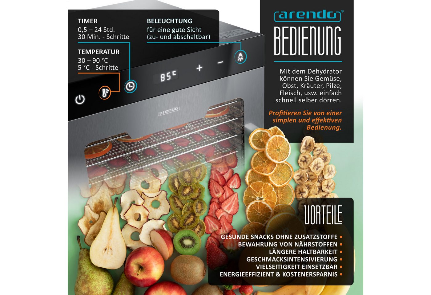 Arendo Dörrautomat Edelstahl, Temperaturregler von 30° bis 90°C, Dörrgerät, Dehydrator 800 W, 12 Etagen, Obst, Gemüse, Fleisch Dörrapparat, Obsttrockner, Timer  – Bild 3 von 5