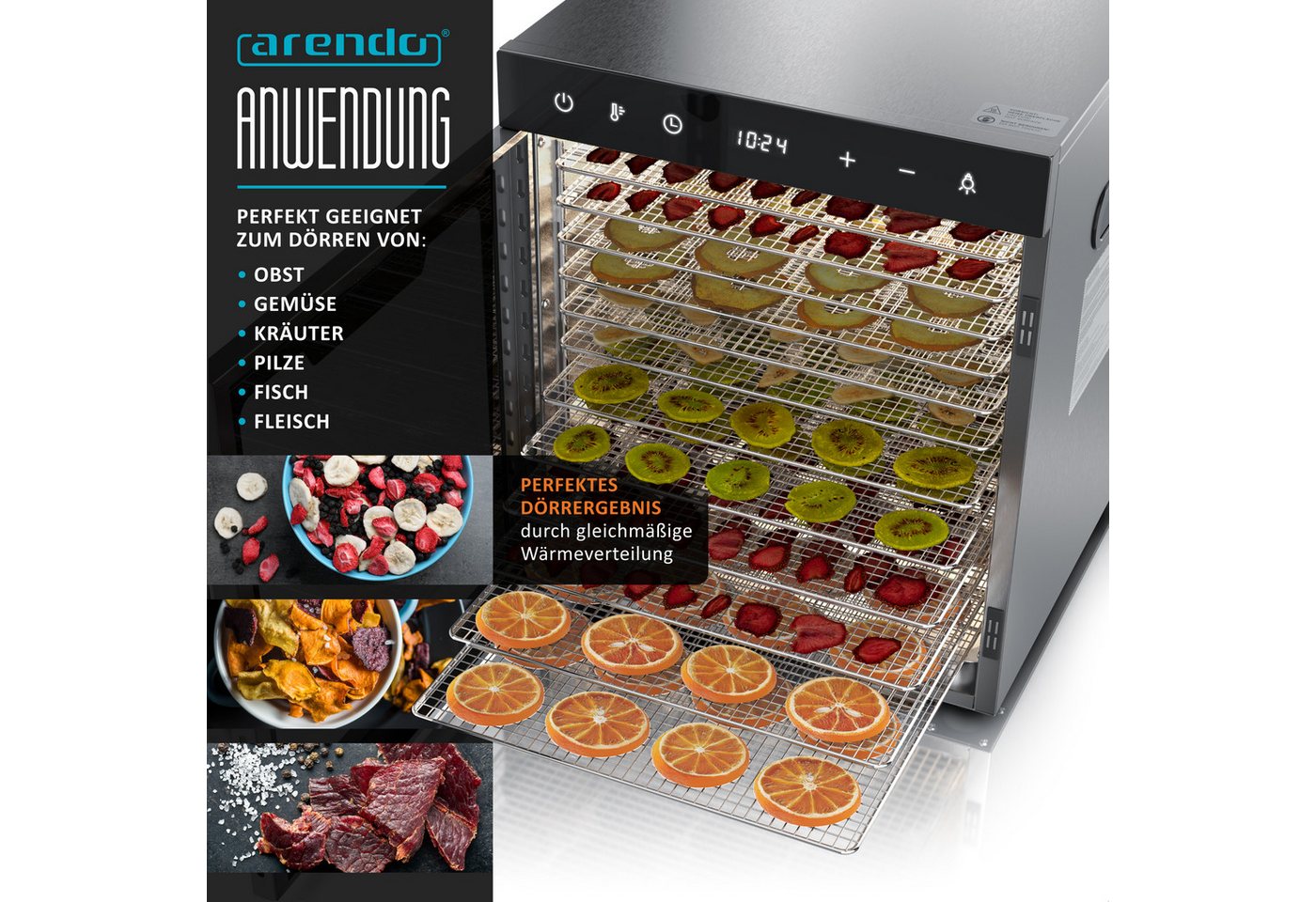 Arendo Dörrautomat Edelstahl, Temperaturregler von 30° bis 90°C, Dörrgerät, Dehydrator 800 W, 12 Etagen, Obst, Gemüse, Fleisch Dörrapparat, Obsttrockner, Timer  – Bild 4 von 5