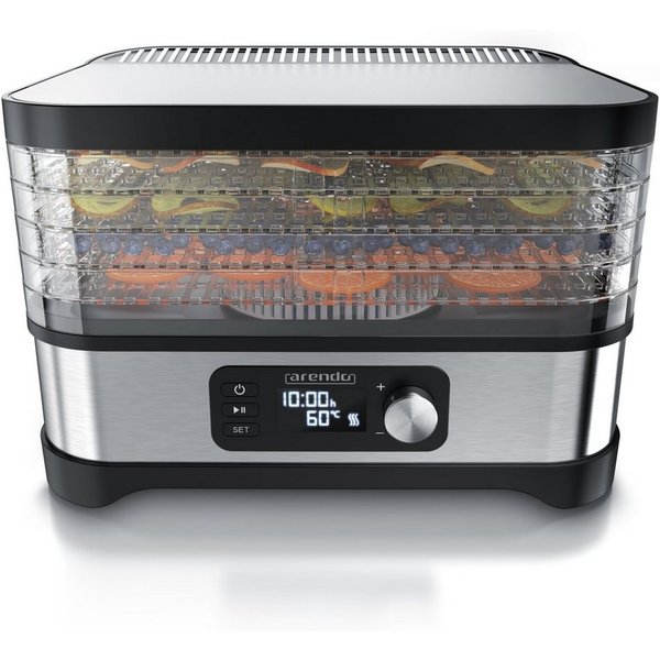 Arendo Dörrautomat mit Temperaturregler, 5 Etagen, 35-70°C, Edelstahl, Dörrgerät 400 W, 5 Etagen, Timer 24h, BPA-frei, für Fleisch/Obst/Gemüse, GS, 5 Einlegefäc