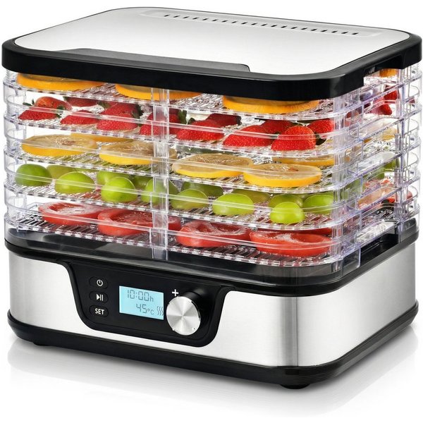 Arendo Dörrautomat mit Temperaturregler, 5 Etagen, 35-75°C, Edelstahl, Dörrgerät, Display 380 W, 5 Etagen, Timer 24h, BPA-frei, für Fleisch/Obst/Gemüse, 5 Einle