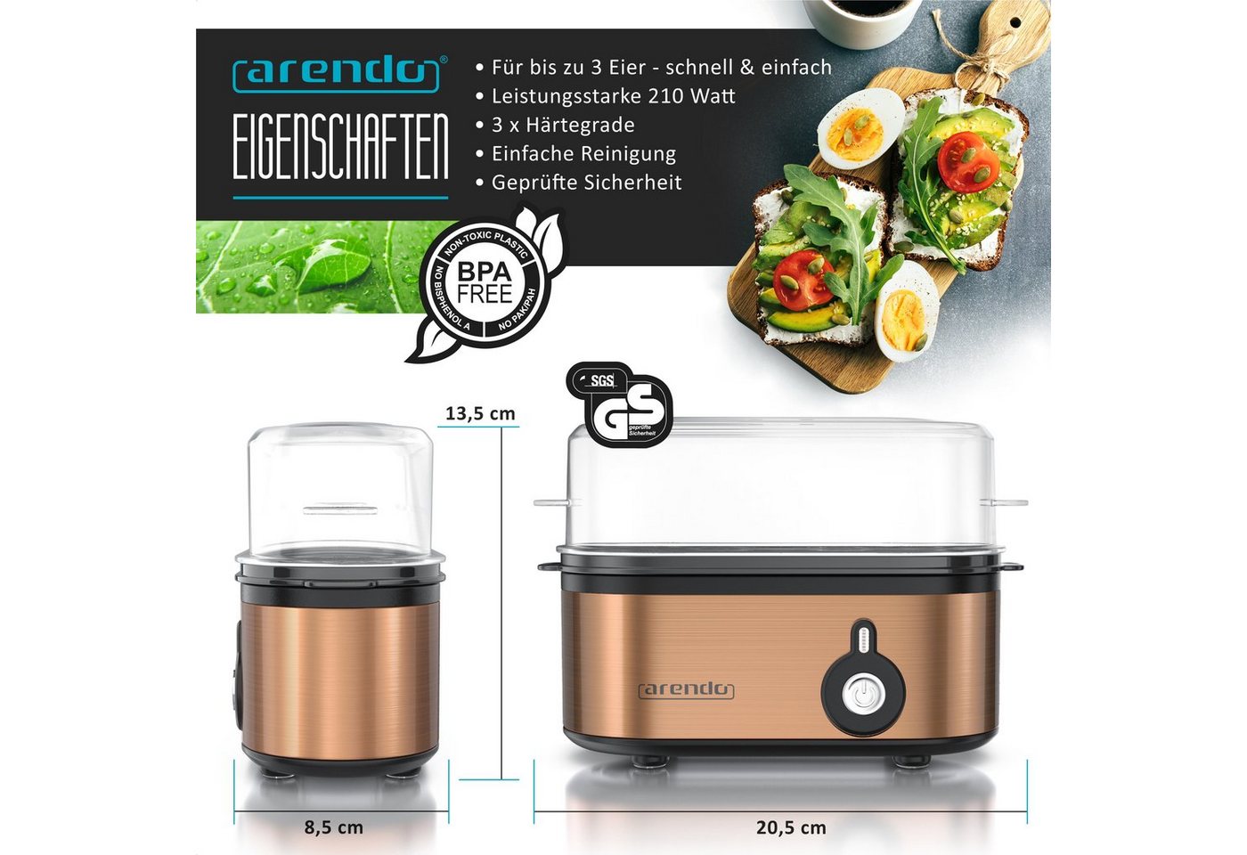 Arendo Eierkocher 3-fach, Edelstahl, Ein / Aus-Schalter, frei wählbarer Härtegrad, Anzahl Eier: 3 St., 210 W, Threecook Egg Cooker, GS, BPA-frei, für 1 bis 3 Ei – Bild 2 von 5